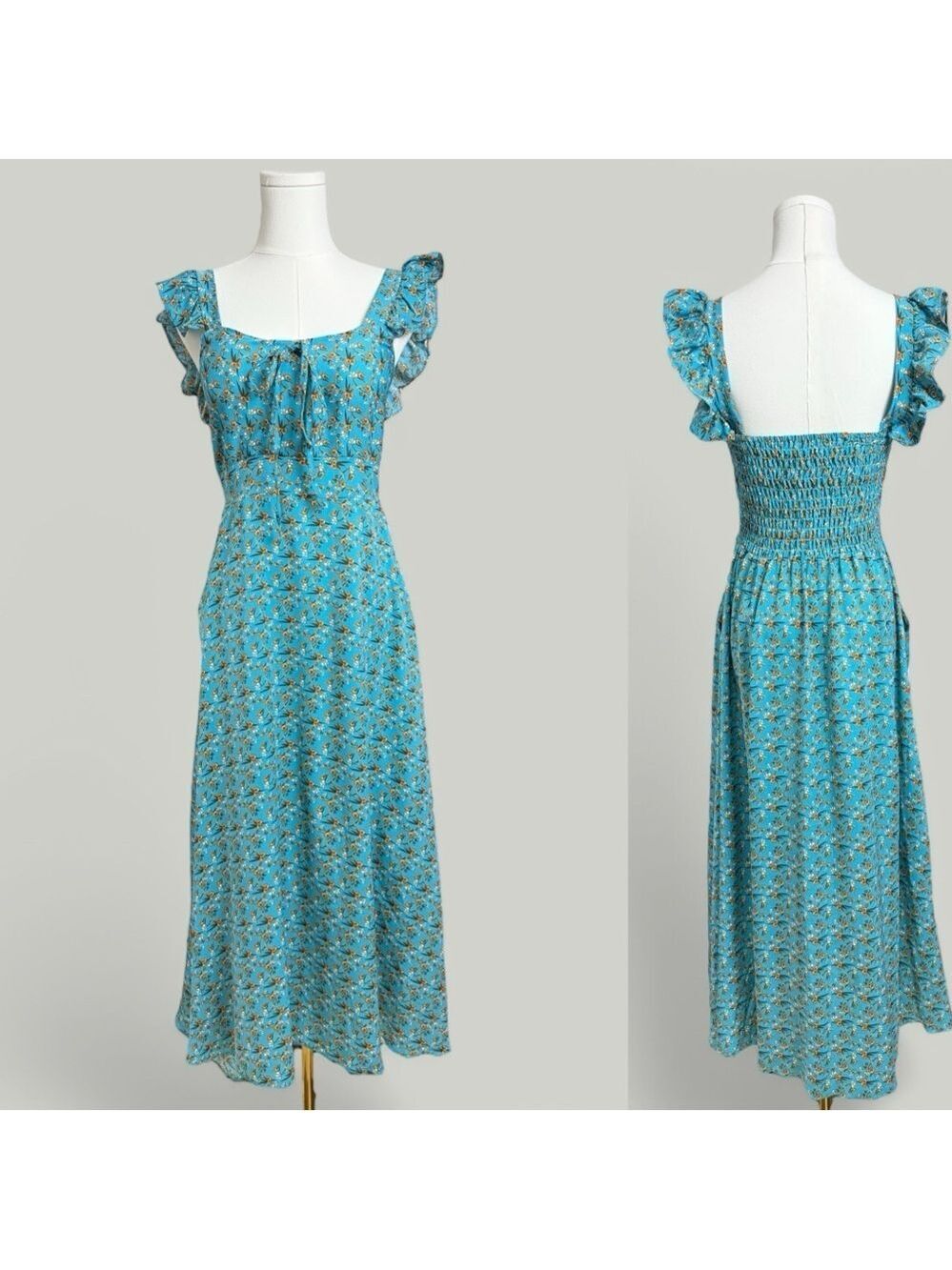 Blue Dress Women Size Medium Yellow Floral Prints Ruffle Maxi Smock Bustier Flow